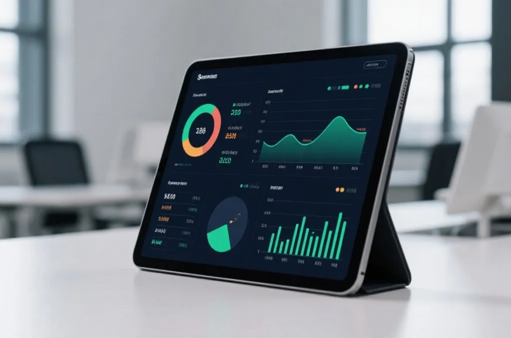 A sleek digital tablet displaying real-time sports analytical charts and data graphs in a modern workspace without any brand logos